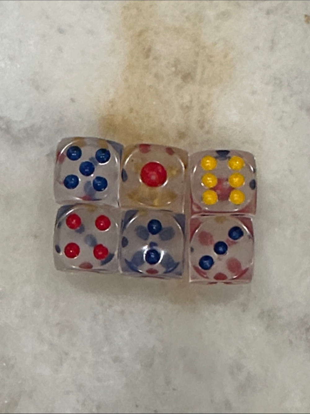 Set of 6 Clear Resin Dice with Multicolor Pips - Home Games